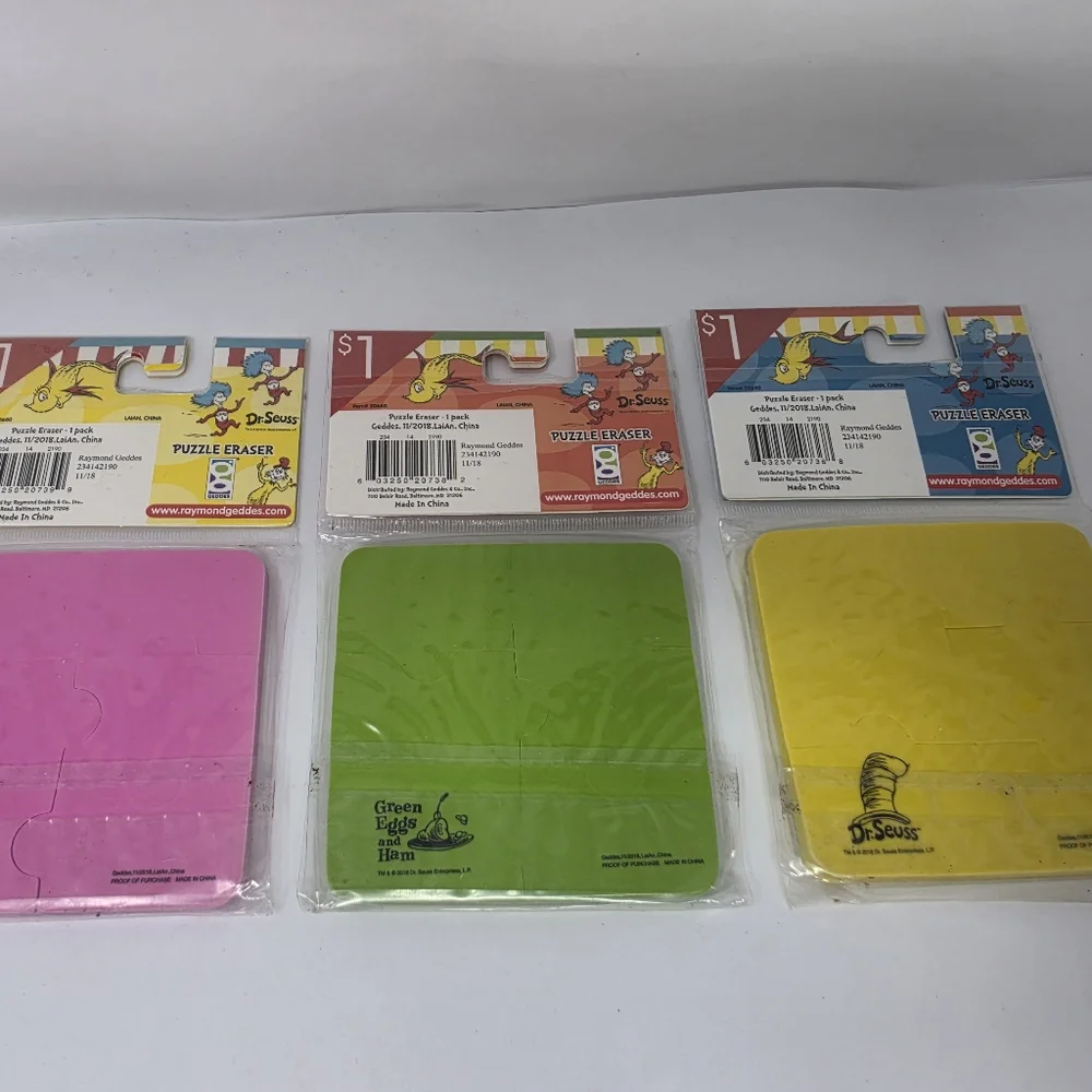 Dr Suess Puzzle Erasers Thing 1 & 2 Horton Hears a Who Green Eggs and Ham Lot 3
